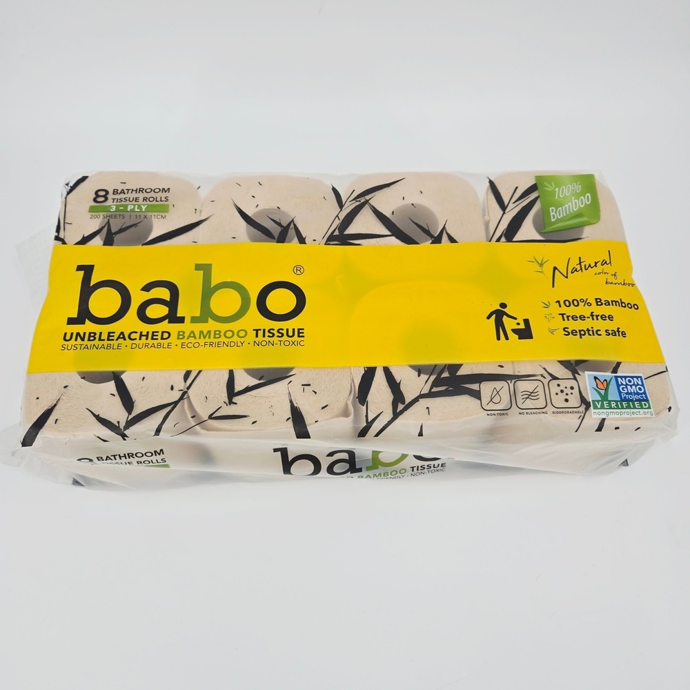 Babo Unbleached Bamboo Bathroom Tissue - 8 Rolls - 3-Ply - Tree-Free